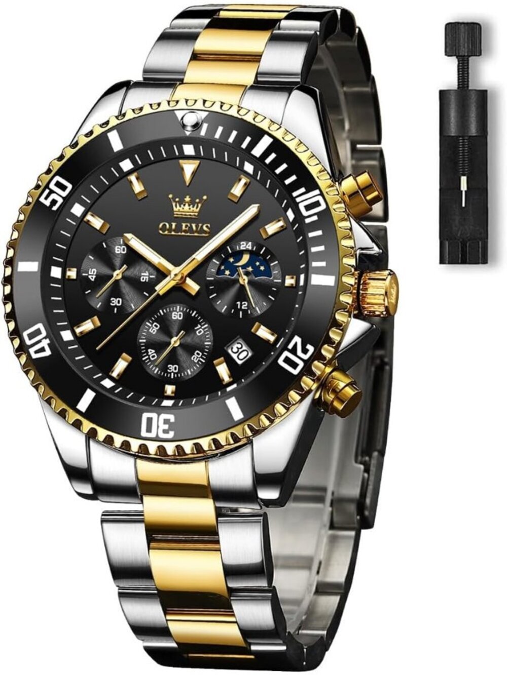 Men's Black Premium Gold and Silver Stainless Analog Rotatable Round Steel Watch